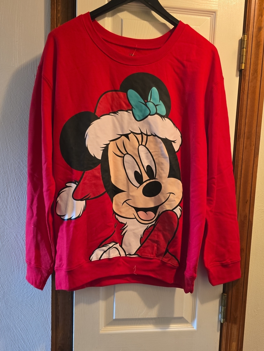 Disney Red Minnie Mouse Holiday Sweatshirt with Teal Bow